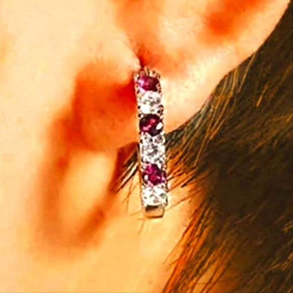 Red & White 2.20 Ct. Sapphire Hoop Earrings 14K White Gold on 925 Silver - Picture 3 of 3